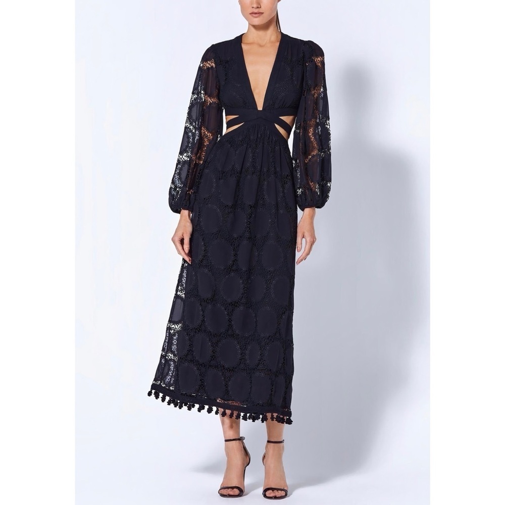 ALEXIS Midi Lace Long-Sleeve Stran Cut-Out Black Dress
